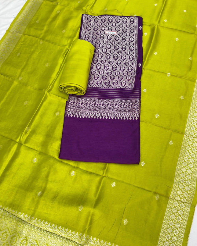 Violet Chanderi Silk Dress Material – Royal Look with Silver Zari & Soft Shine