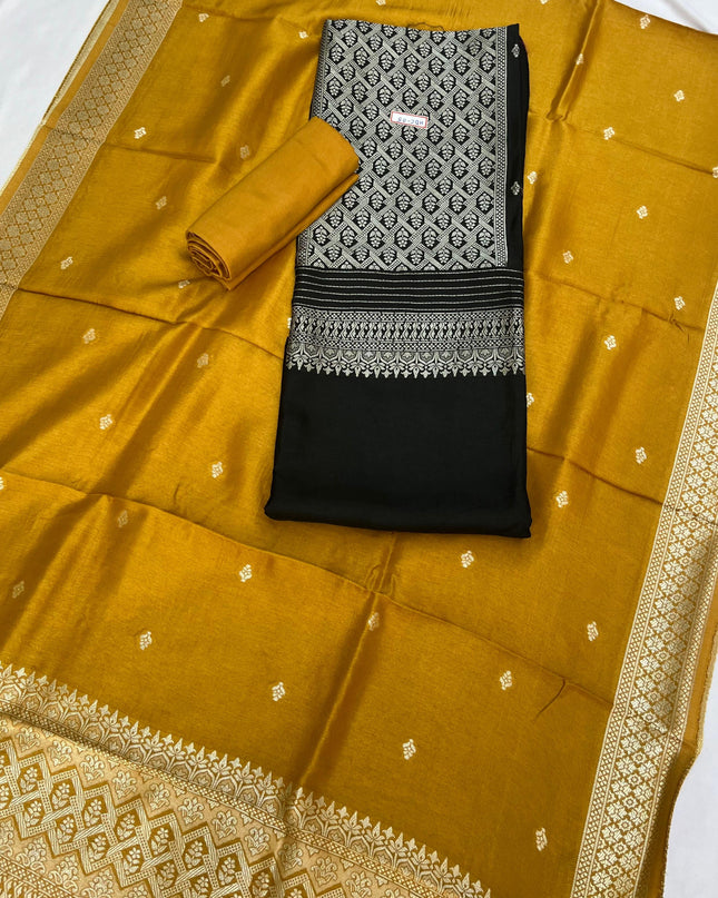 Black Chanderi Silk Dress Material – Royal Look with Silver Zari & Soft Shine