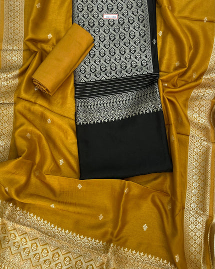 Black Chanderi Silk Dress Material – Royal Look with Silver Zari & Soft Shine