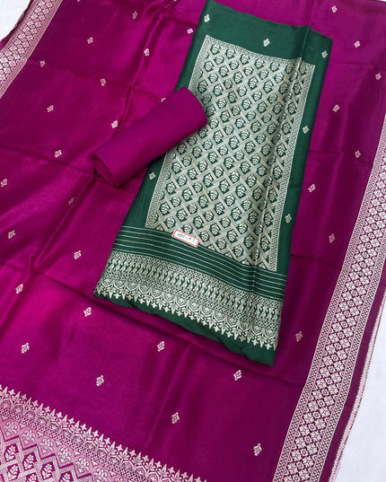 Drak Green Chanderi Silk Dress Material – Royal Look with Silver Zari & Soft Shine