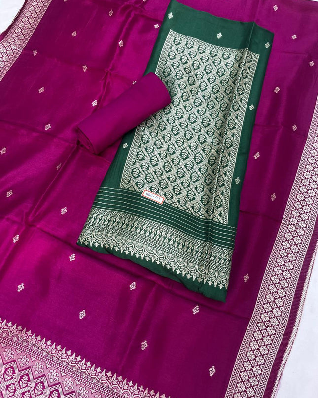 Drak Green Chanderi Silk Dress Material – Royal Look with Silver Zari & Soft Shine