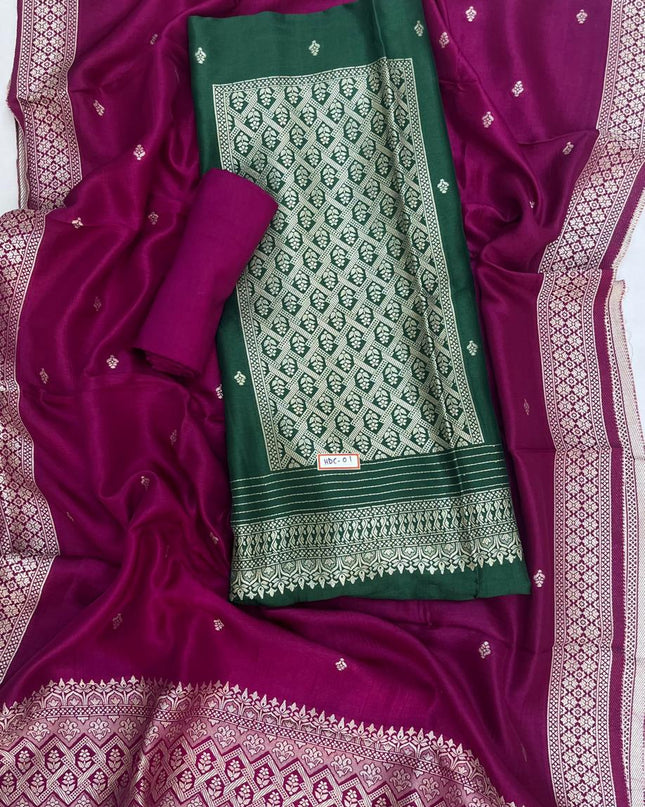 Drak Green Chanderi Silk Dress Material – Royal Look with Silver Zari & Soft Shine