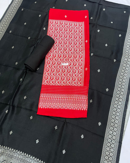 Red Chanderi Silk Dress Material – Royal Look with Silver Zari & Soft Shine