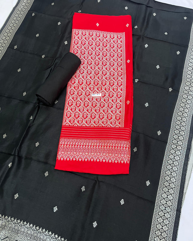 Red Chanderi Silk Dress Material – Royal Look with Silver Zari & Soft Shine