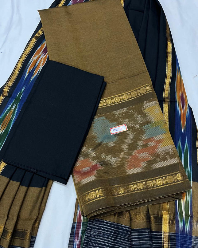 Pochampally Rudraksha Border Dress Material – Brown Mercerised Fabric | Traditional Handloom Cotton Set