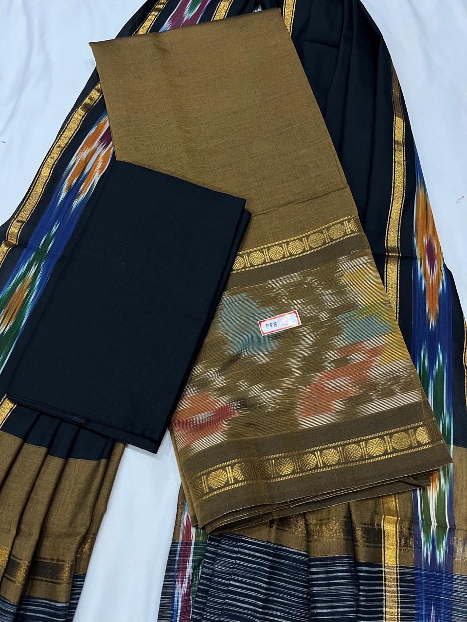 Pochampally Rudraksha Border Dress Material – Brown Mercerised Fabric | Traditional Handloom Cotton Set