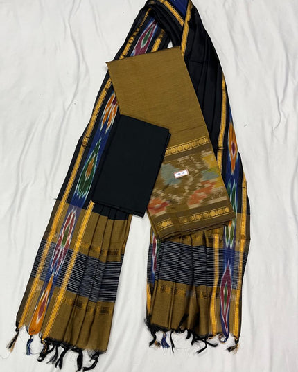 Pochampally Rudraksha Border Dress Material – Brown Mercerised Fabric | Traditional Handloom Cotton Set