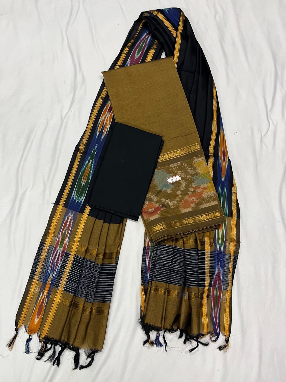 Pochampally Rudraksha Border Dress Material – Brown Mercerised Fabric | Traditional Handloom Cotton Set