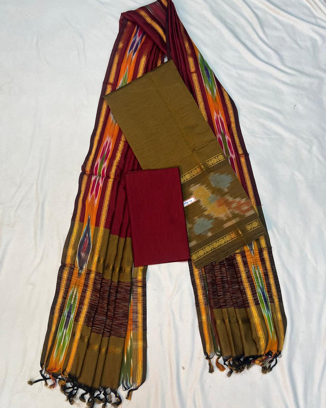 Pochampally Rudraksha Border Dress Material – Brown Mercerised Fabric | Traditional Handloom Cotton Set