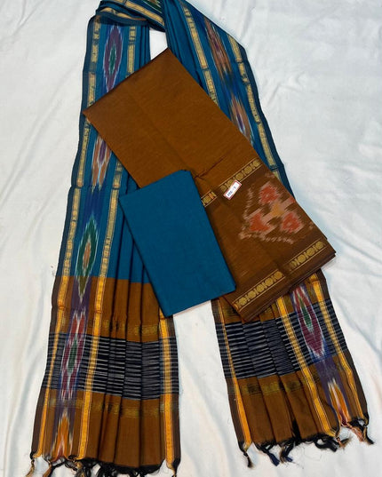 Pochampally Rudraksha Border Dress Material – Dark Brown Mercerised Fabric | Traditional Handloom Cotton Set