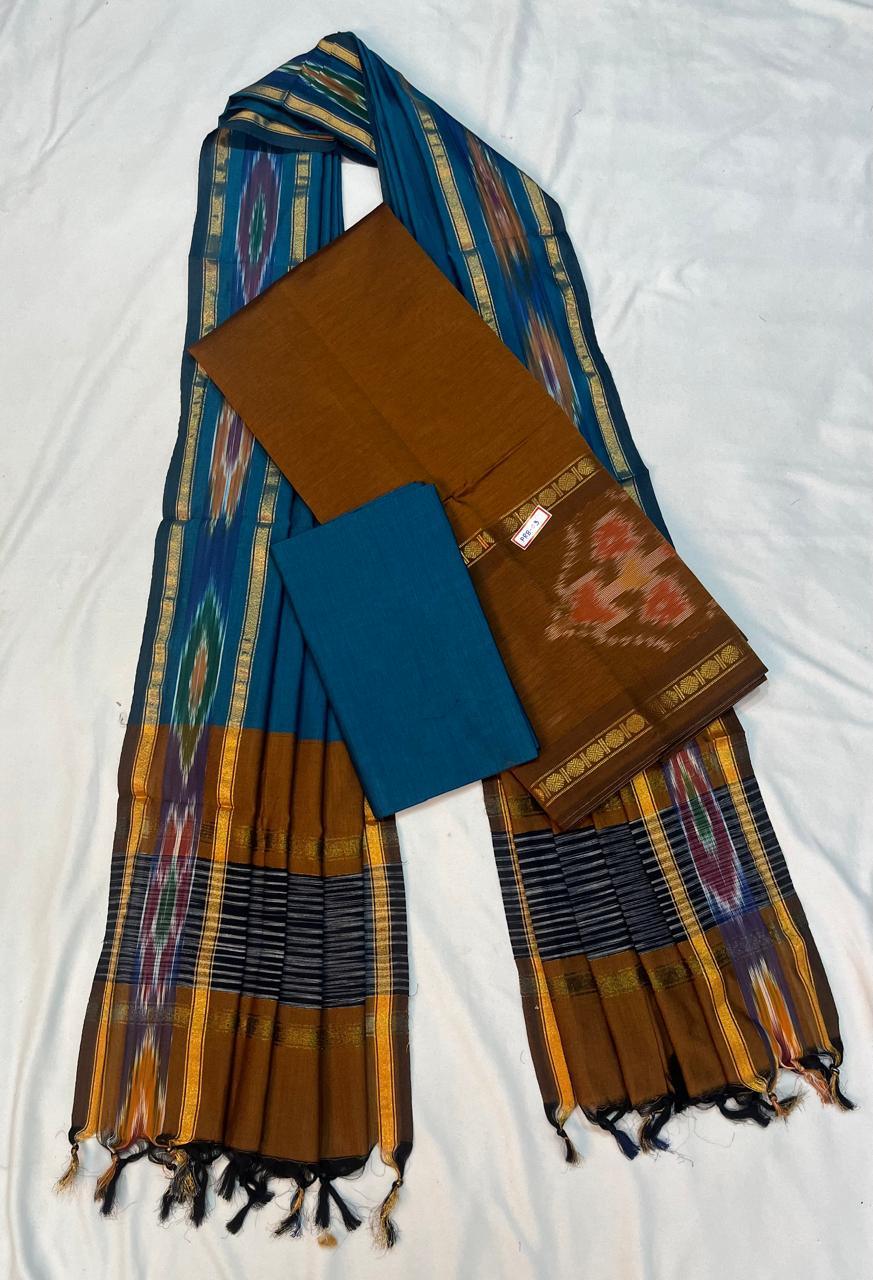 Pochampally Rudraksha Border Dress Material – Dark Brown Mercerised Fabric | Traditional Handloom Cotton Set