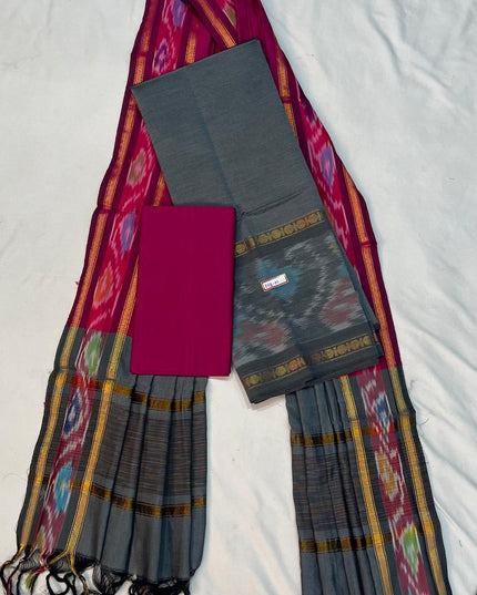 Pochampally Rudraksha Border Dress Material – Gray Mercerised Fabric | Traditional Handloom Cotton Set