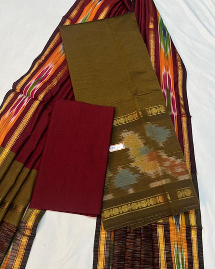 Pochampally Rudraksha Border Dress Material – Brown Mercerised Fabric | Traditional Handloom Cotton Set