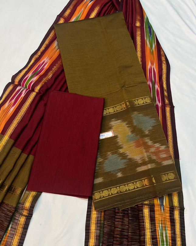 Pochampally Rudraksha Border Dress Material – Brown Mercerised Fabric | Traditional Handloom Cotton Set