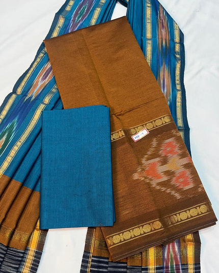 Pochampally Rudraksha Border Dress Material – Dark Brown Mercerised Fabric | Traditional Handloom Cotton Set