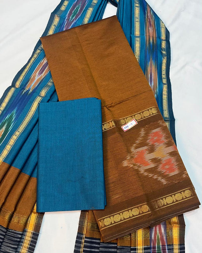 Pochampally Rudraksha Border Dress Material – Dark Brown Mercerised Fabric | Traditional Handloom Cotton Set