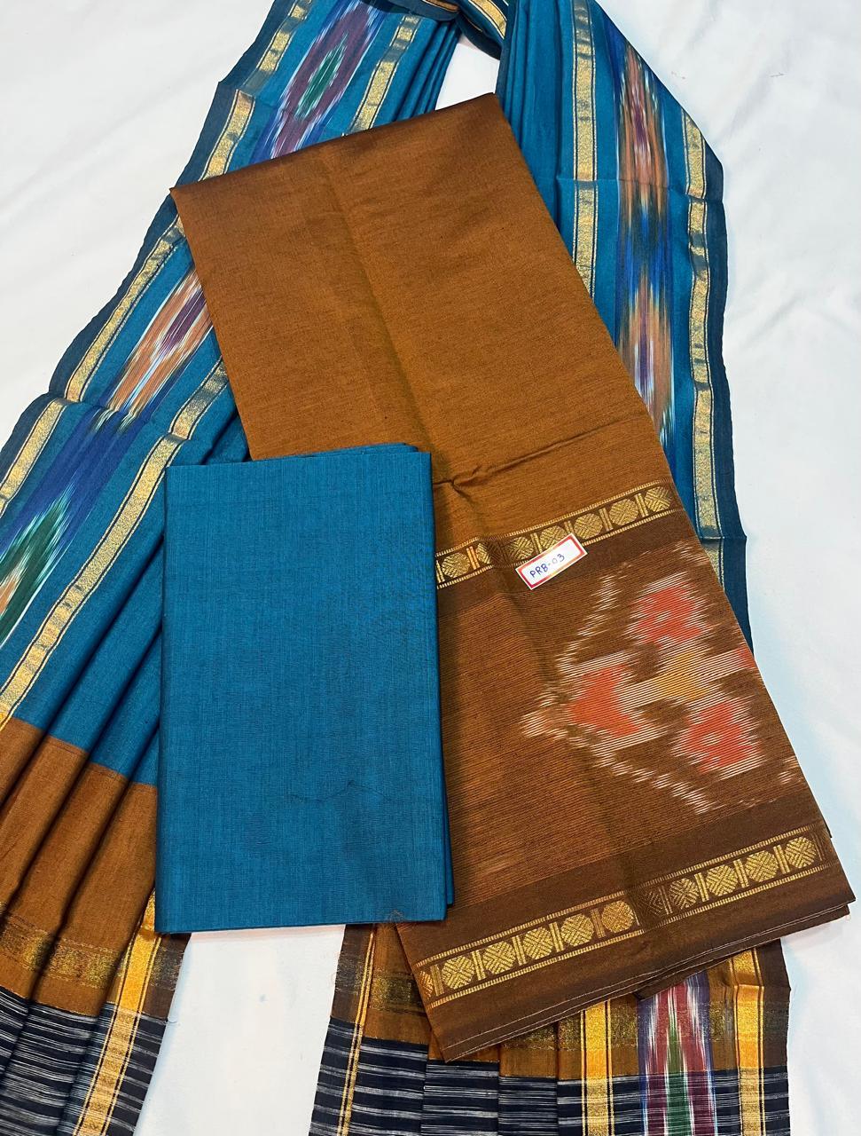 Pochampally Rudraksha Border Dress Material – Dark Brown Mercerised Fabric | Traditional Handloom Cotton Set