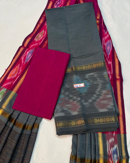 Pochampally Rudraksha Border Dress Material – Gray Mercerised Fabric | Traditional Handloom Cotton Set