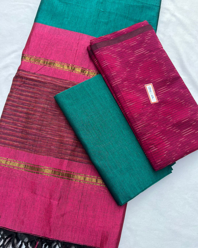 Premium Pochampally Mercerised Cotton 3PC Dress Material – Pink Colour