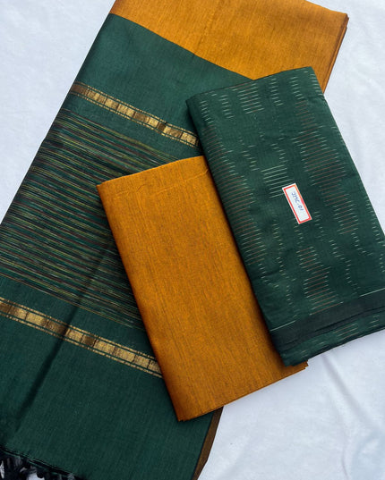 Premium Pochampally Mercerised Cotton 3PC Dress Material – Dark Green Colour