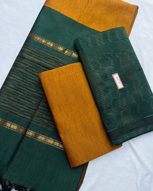 Premium Pochampally Mercerised Cotton 3PC Dress Material – Dark Green Colour