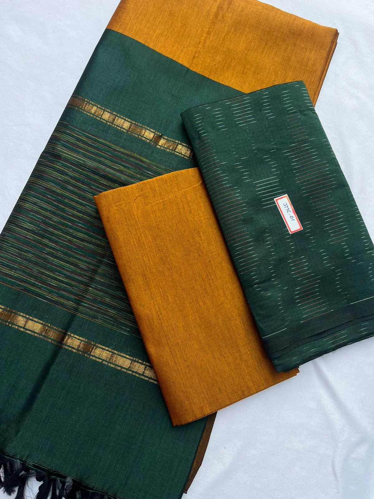 Premium Pochampally Mercerised Cotton 3PC Dress Material – Dark Green Colour