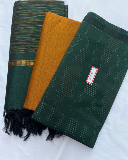 Premium Pochampally Mercerised Cotton 3PC Dress Material – Dark Green Colour