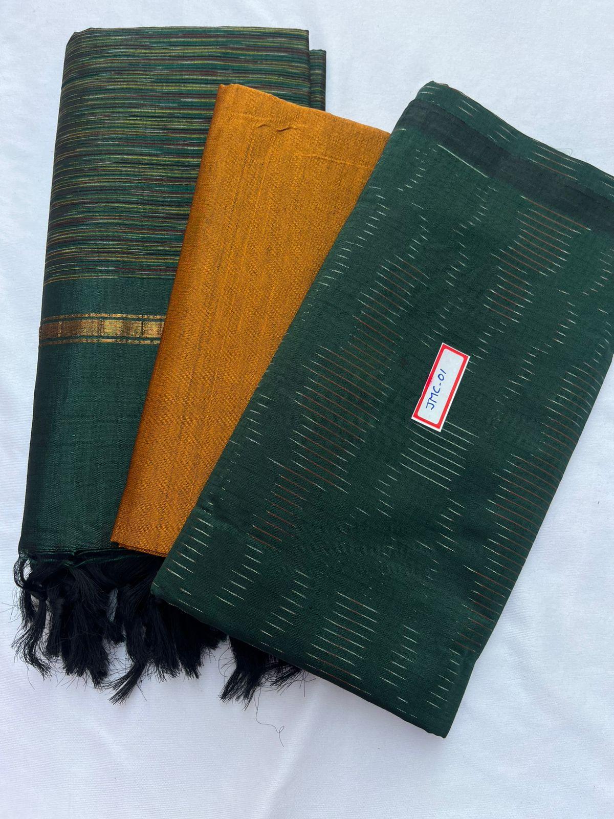 Premium Pochampally Mercerised Cotton 3PC Dress Material – Dark Green Colour