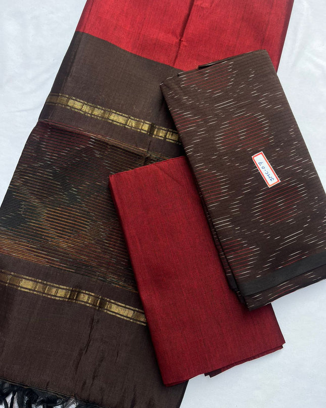 Premium Pochampally Mercerised Cotton 3PC Dress Material – Brown Colour