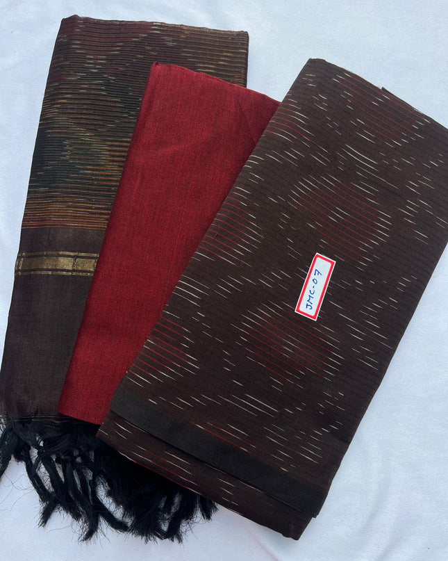 Premium Pochampally Mercerised Cotton 3PC Dress Material – Brown Colour