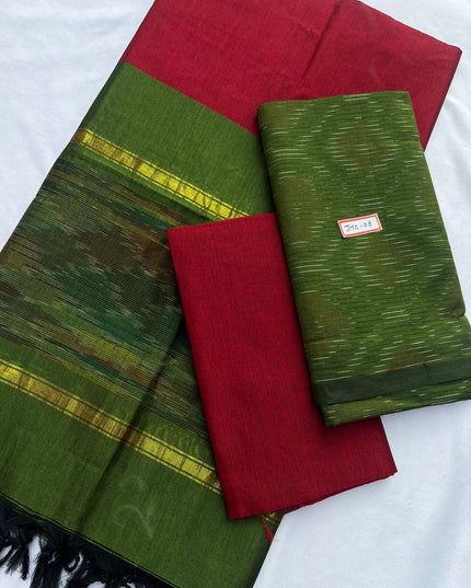 Premium Pochampally Mercerised Cotton 3PC Dress Material – Green Colour