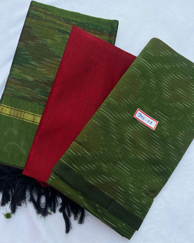 Premium Pochampally Mercerised Cotton 3PC Dress Material – Green Colour