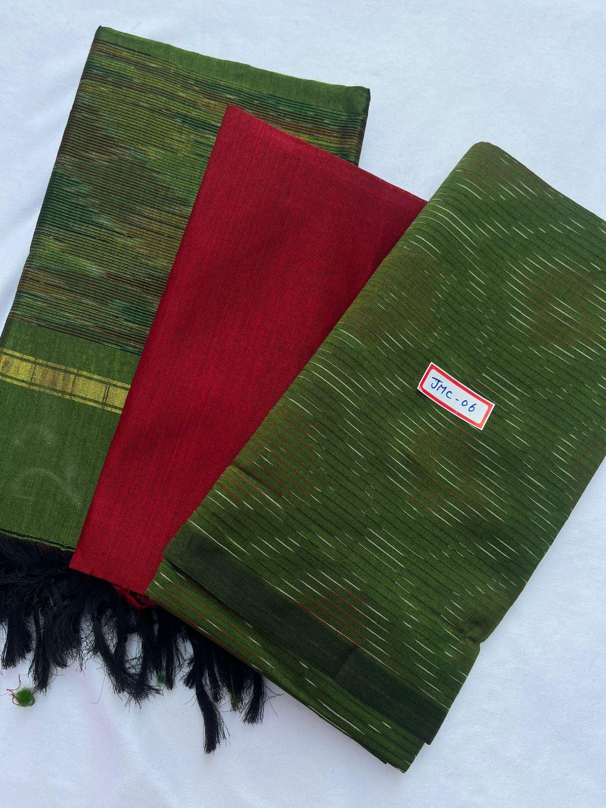 Premium Pochampally Mercerised Cotton 3PC Dress Material – Green Colour