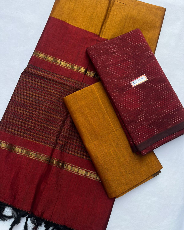 Premium Pochampally Mercerised Cotton 3PC Dress Material – Dark Red Colour