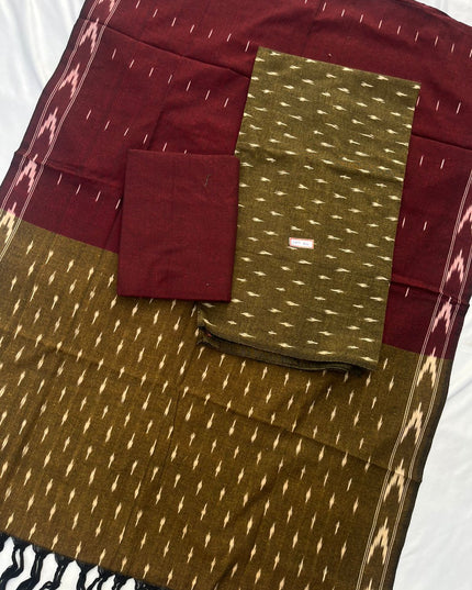 Pochampally ikkath 3pc dress material with Greenish Brown colour
