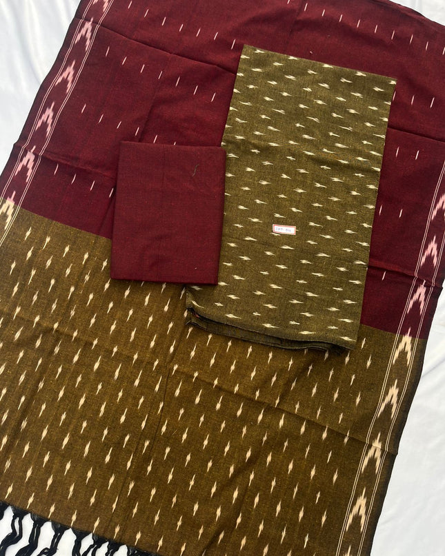 Pochampally ikkath 3pc dress material with Greenish Brown colour
