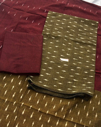 Pochampally ikkath 3pc dress material with Greenish Brown colour