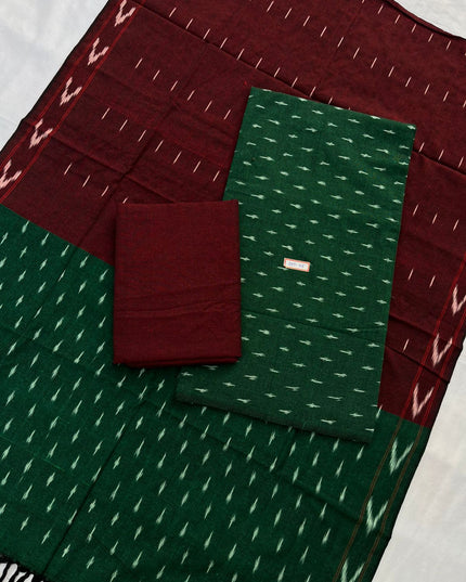 Pochampally ikkath 3pc dress material with Dark Green colour