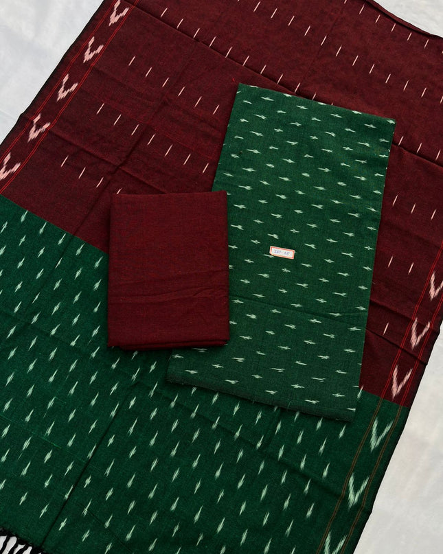 Pochampally ikkath 3pc dress material with Dark Green colour