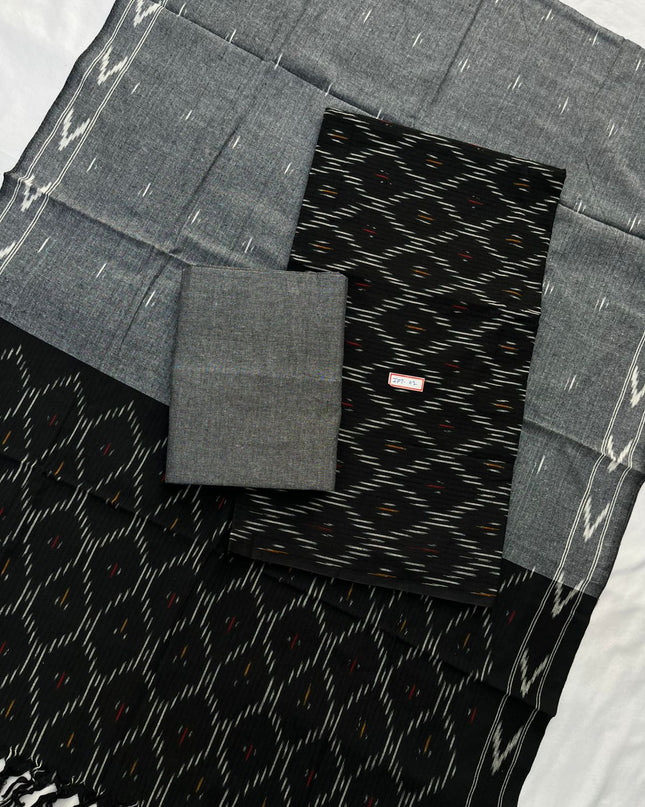 Pochampally ikkath 3pc dress material with Black colour
