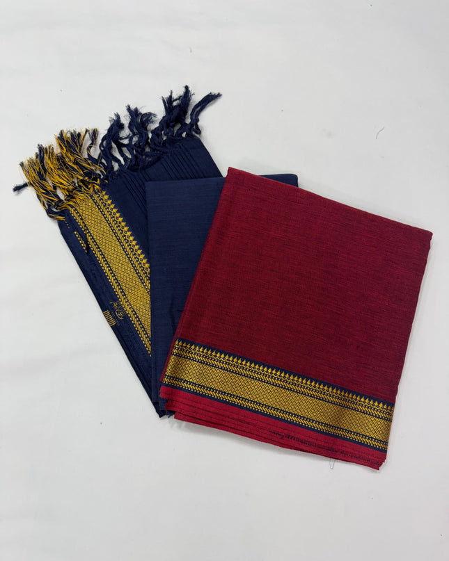 Mangalagiri Dress Material with thread border Emrold Maroon colour