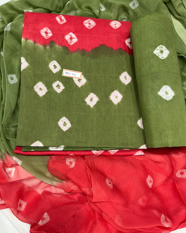 Tomato Red Cotton Dress Material with Soft Chiffon Dupatta