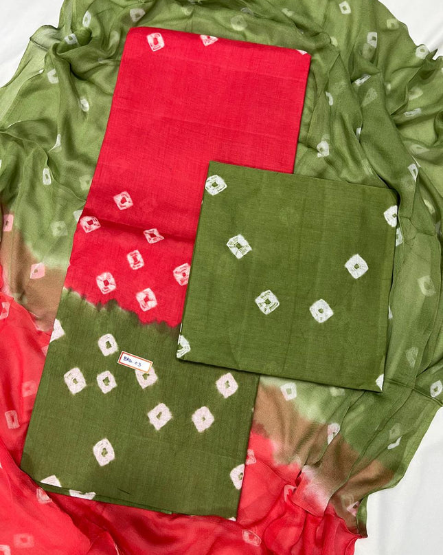 Tomato Red Cotton Dress Material with Soft Chiffon Dupatta