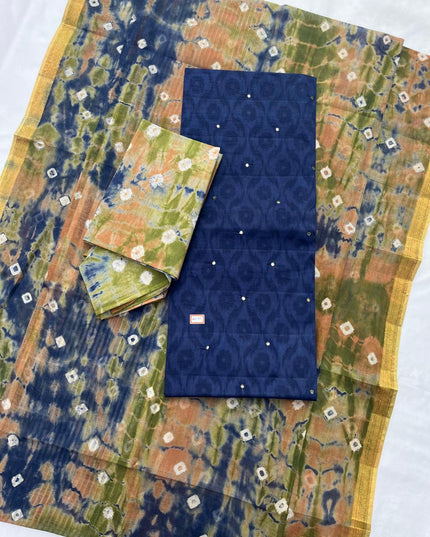 Handcrafted Dusky Blue Cotton Dress Material with Mirror Work Design