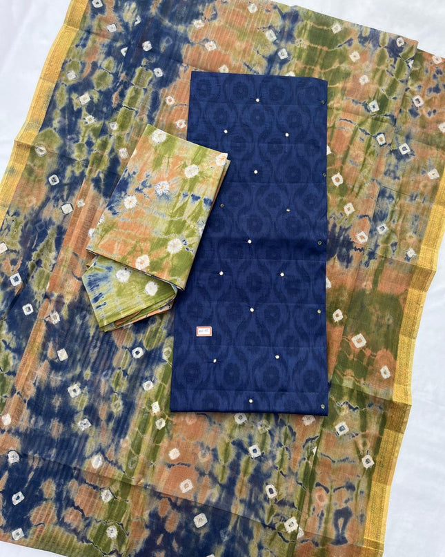 Handcrafted Dusky Blue Cotton Dress Material with Mirror Work Design