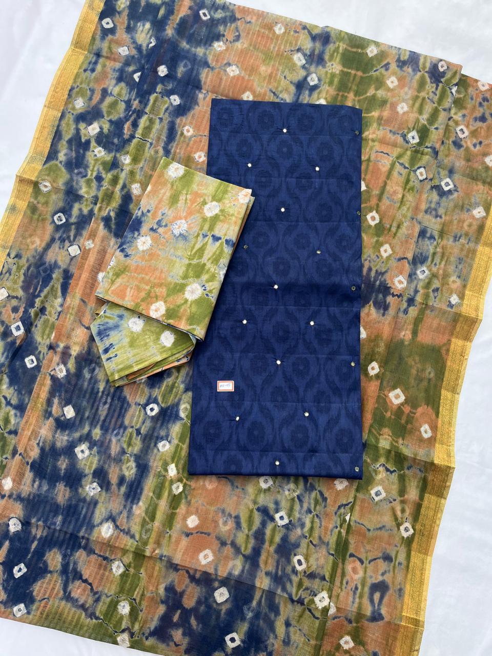 Handcrafted Dusky Blue Cotton Dress Material with Mirror Work Design