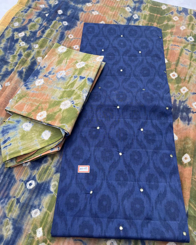 Handcrafted Dusky Blue Cotton Dress Material with Mirror Work Design