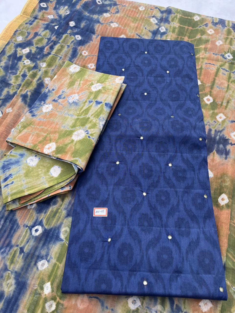 Handcrafted Dusky Blue Cotton Dress Material with Mirror Work Design