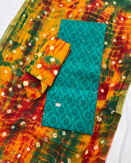 Handcrafted Blue Green Cotton Dress Material with Mirror Work Design
