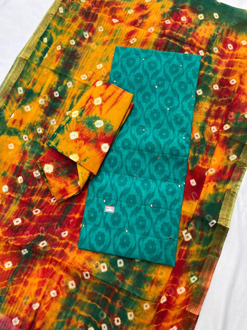 Handcrafted Blue Green Cotton Dress Material with Mirror Work Design